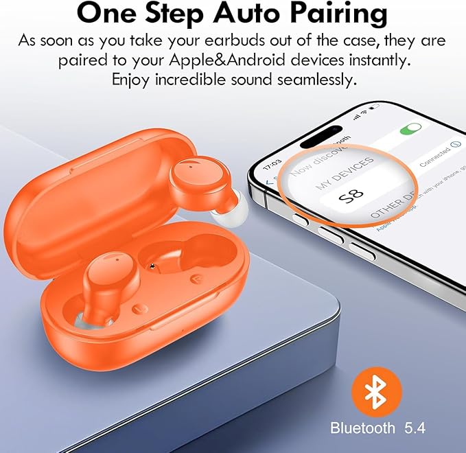 Lanteso True Wireless Bluetooth 5.4 Earbuds, 48H Playtime,Light Weight Headphones in Ear Buds Built in Mic Headset Premium Sound with Deep Bass,Clear Calls Earphones for Sports Workout Orange