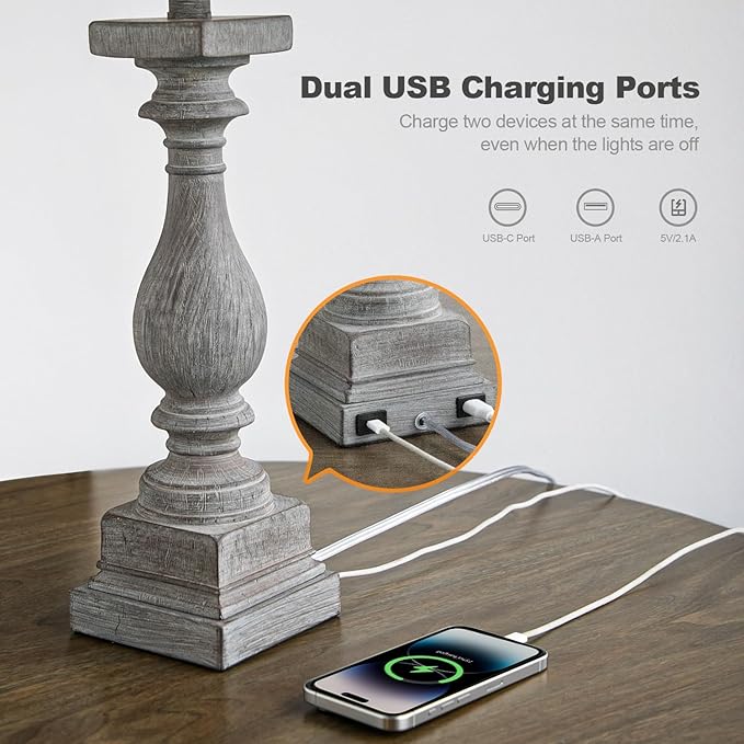 BOBOMOMO 27" Farmhouse Table Lamps with USB-A +C Ports, Vintage Rustic Lamps for Living Room, Linen Shade, Retro Side Table Lamps Set of 2 for Living Room,Bedroom,Night Stands (Blubs not Included)