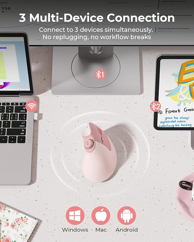 seenda Ergonomic Mouse Wireless, MOU-302 Bluetooth Vertical Mouse Rechargeable, Volume Knob, Silent Mice & 1000/1600/2400 DPI, 3 Multi-Device Connection for Windows/PC/Laptop/Mac/MacBook, Pink