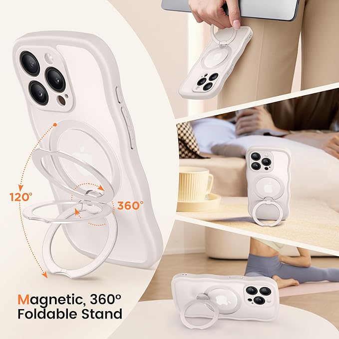 CAPRARO for iPhone 15 Pro Case with 360° Spin Magnetic Stand for Women, [Compatible with MagSafe] [Full Camera Protection] Cute Wave Translucent Matte Case for iPhone 15 Pro, Stone