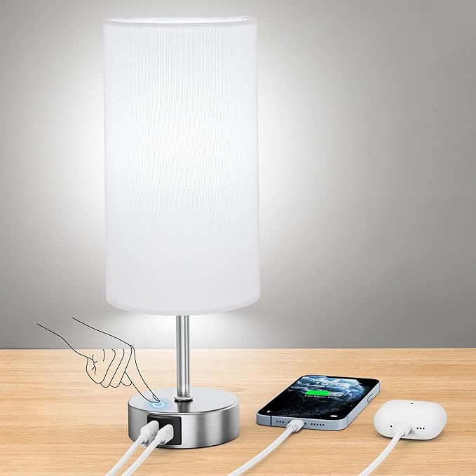 ROTTOGOON 12.8" Touch Control Table Lamp, 3-Way Dimmable Small Bedside Nightstand Lamp with 2 USB Ports, Modern Table Lamps with 6500K Daylight LED Bulb for Bedroom Living Room