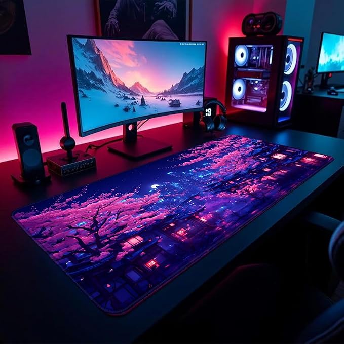 Simpkeely Fantasy Night City Gaming Mouse Pad, Blacklight Japanese Residential Buildings Landscape Neon Large Waterproof UV Reactive Non-Slip Rubber Base Mousemat for Office Home - 31.5" x 11.8"