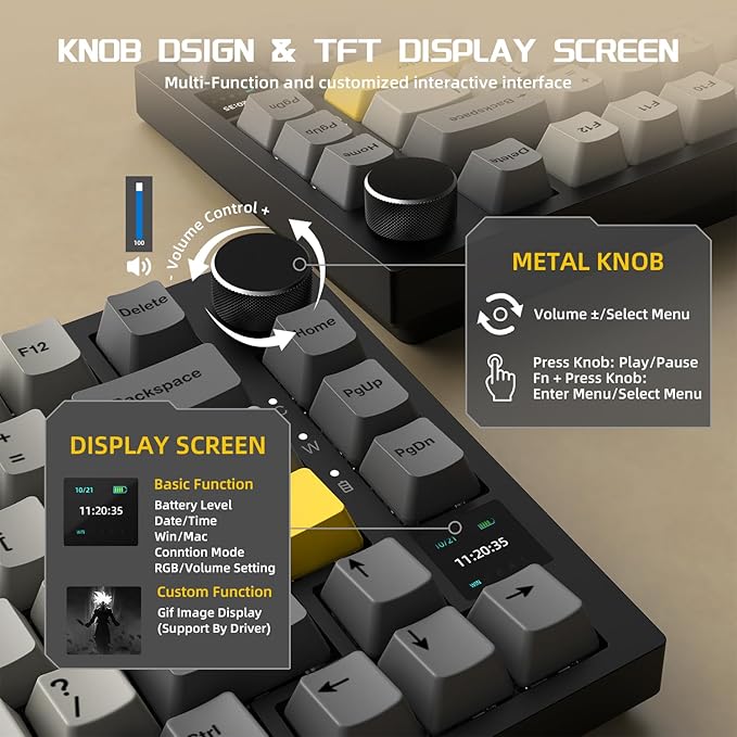 Attack Shark ajazz AK820 Pro 75% Mechanical Keyboard and Coiled Cable Hot Swappable Wireless 2.4GHz/Bluetooth/Wired TFT Screen & Knob Flying Fish Switch RGB Gasket Mount Custom Keyboard-Black