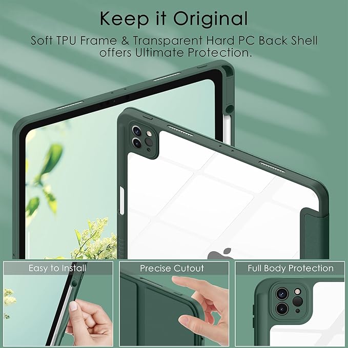 Soke Case for iPad Pro 12.9 Inch (6th/5th/4th/3rd Generation, 2022/2021/2020/2018) - Pencil Holder + Auto Sleep/Wake + Camera Protection, Transparent Shockproof Back Cover, Midnight Green