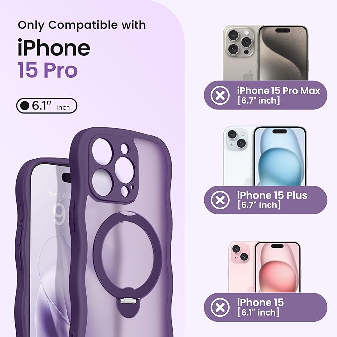CAPRARO for iPhone 15 Pro Case with 360° Spin Magnetic Stand for Women, [Compatible with MagSafe] [Full Camera Protection] Cute Wave Translucent Matte Case for iPhone 15 Pro, Deep Purple