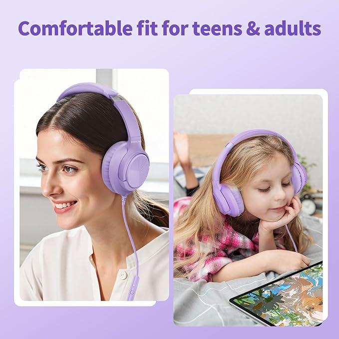 Botesty Sound Headphones Wired with Microphone, Over Ear Foldable 3.5mm Plug in Headphones with 4.9ft Tangle-Free Nylon Cord for Tablet, Laptop, MP3/4, School, Airplane Travel (Purple)
