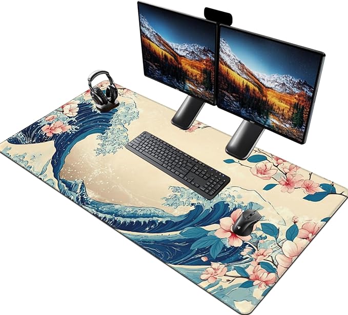 Japanese Sea Wave Extended Large Mouse Pad for Desk, 48"x24" Big Gaming Mouse Pads with Stitched Edges, Non-Slip Rubber Base Computer Desk Mat Mouse Mat for Home Office Work