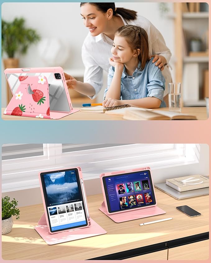 Uppuppy for iPad Air 11 inch Case, Air 5th/4th Generation 10.9, Pro 11'' Case Women Girls for Apple Pencil Holder Cute Strawberry Rotating Folio Cover for iPad Air 11 2024 (M2), 10.9 2022 2020, Pro 11