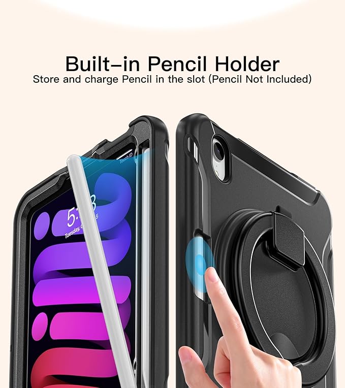 BATYUE Shockproof Case for iPad mini 7 (A17 Pro)/ Mini 6 8.3 inch (2024/2021) - 360° Multi-Angle Stand (Portrait & Landscape) & Grip, Built-in Pencil Holder, Black