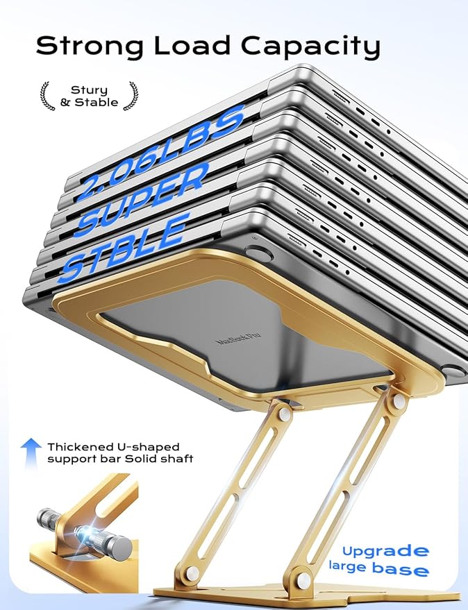 JCZT Adjustable Laptop Stand for Desk, Metal Foldable Laptop Riser, Portable Laptop Holder Mount, Ventilated Cooling Computer Notebook Stand for MacBook Air Pro, All 10-16'' Notebooks Laptops, Gold