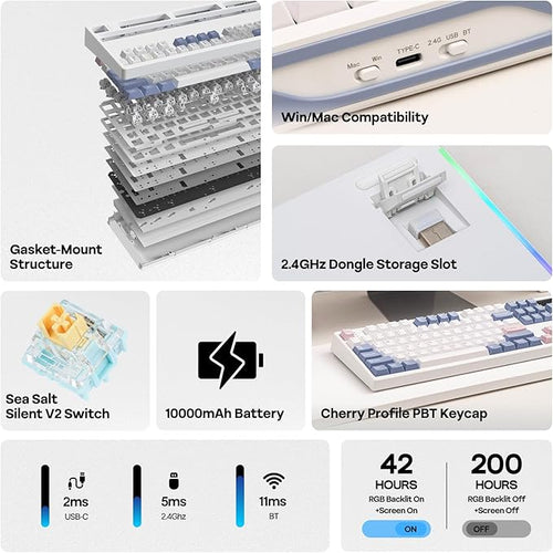EPOMAKER TH108 PRO Full Size Mechanical Keyboard with Screen & Knob, Wireless Gaming Keyboard with 10000mAh, Creamy Gasket, Hot Swap, Custom Driver, RGB Backlight (White, Sea Salt Silent)