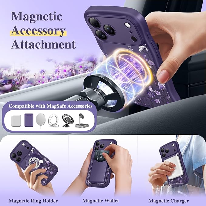 GVIEWIN for iPhone 17 Pro Max Case Compatible with MagSafe [Curly Wave Edge][Full Camera Protection] Floral Translucent Shockproof Magnetic Women Phone Case for 17 Pro Max, Dark Floratopia/Deep Purple