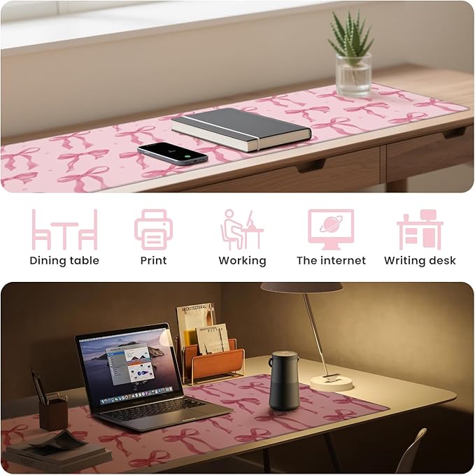 Pink Mouse Pad, Large Pink Desk Mat Bows Computer Mat, Gaming Keyboard and Mouse Pad Non-Slip Rubber Base, Stitched Edge, Cute Girly Office Supplies Desk Accessories Decor for Women 31.5 x 11.8in