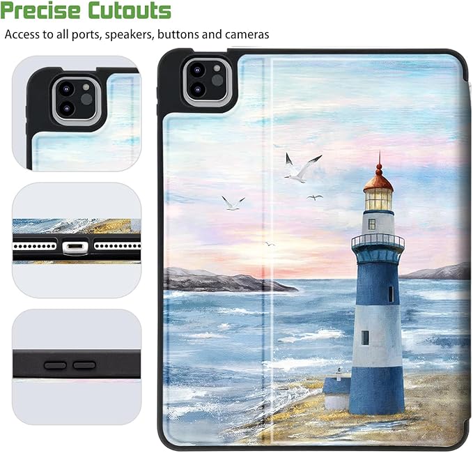 for iPad Air 11 Inch Case M4/M3/M2 2026, for iPad Air 5Th/4Th Gen Cases 10.9-inch, for iPad Pro 11 Inch Case 4Th/3Rd/2Nd/1St Generation Typing Stand 4 Viewing Stand,Pencil Holder, Lighthouse