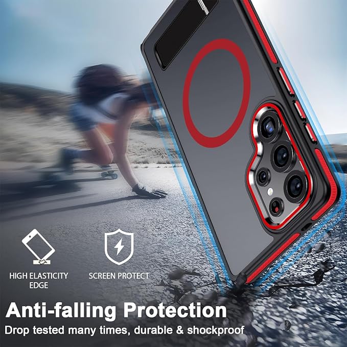 MALEWOLF Kickstand Case for Samsung Galaxy S25 Ultra Magnetic, Fits for Magsafe, Rugged Shockproof Phone Case with Anti-Slip Grip, Slim Matte Protective Cover for Galaxy S25 Ultra (Black/Red)