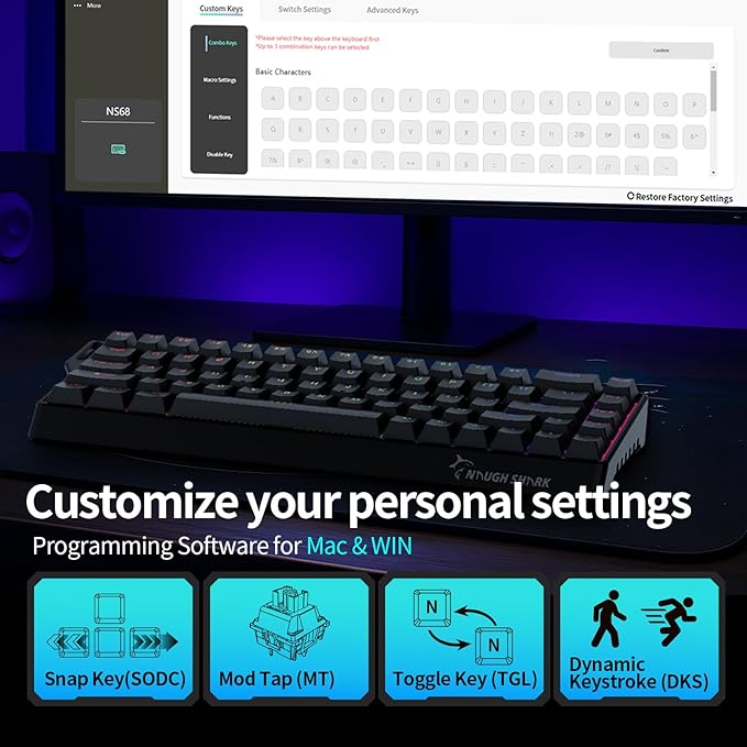 GK GAMAKAY x NaughShark NS68 Rapid Trigger Wired Gaming Keyboard, 65% Hall Effect Mechanical Keyboard, 8KHz Polling Rate 0.01mm RT, Snap Tap, Outemu Peach Crystal Magnetic Switch (Black-Shine Through)