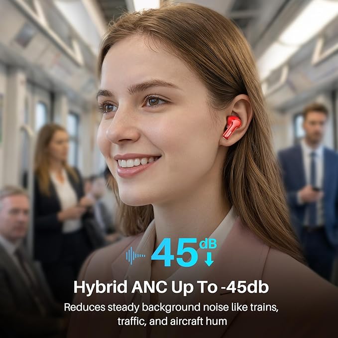 TOZO Hybrid Active Noise Cancelling Wireless Earbuds with 6 Mics AI Clear Call Ear Buds 68H Playtime with LED Display 32 Preset EQs via APP Bluetooth 5.3 IPX8 Waterproof in Ear Headphones