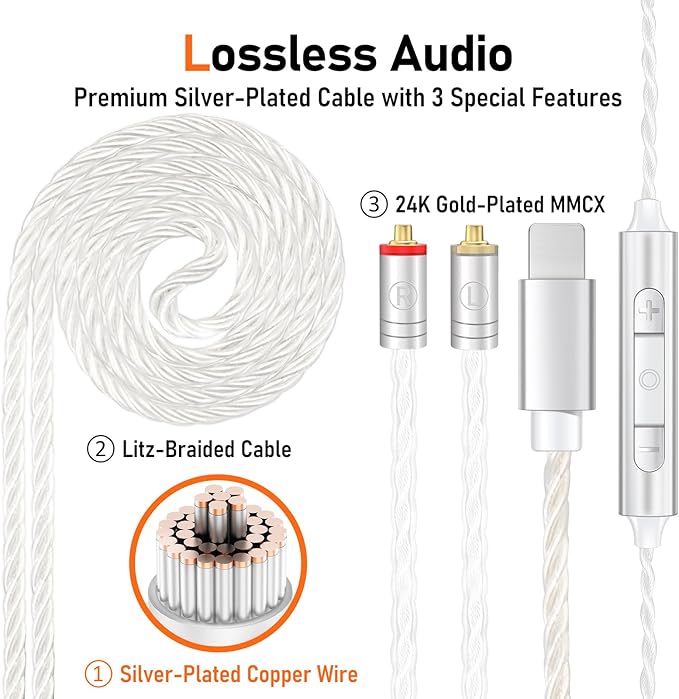 Vibes 202ML Wired Earbuds - HiFi in Ear Headphones for iPhone 5–14, Noise Isolating Ear Buds w/ Mic - Clear Sound, Deep Bass, Comfort-Fit Earphones - MMCX–LTN, Silver Plated Cord, Carrying Case