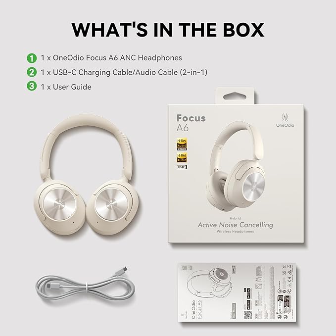 OneOdio Focus A6 Hybrid Active Noise Cancelling Headphones, 75H Playtime, LDAC Hi-Res Lossless Audio, Bluetooth 6.0, Dual Mic ENC Call, Wired ANC via USB-C, Wireless Over Ear (Black)
