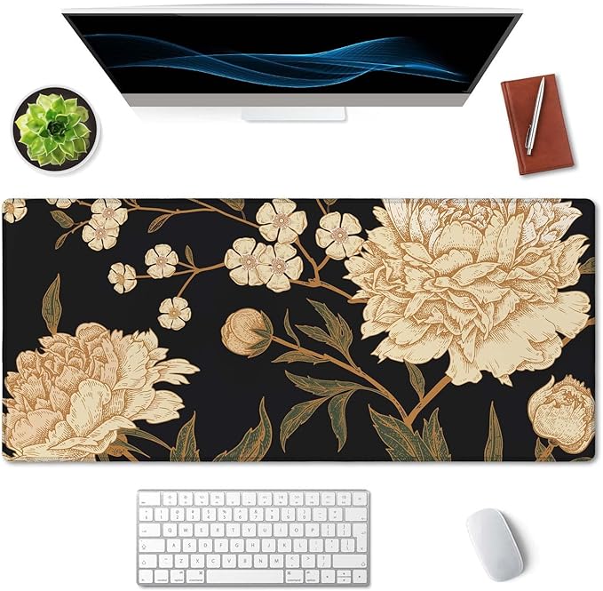 SSOIU White Peony Desk Pad, Beige Desk Protector, Green Desk Blotter, Floral Keyboard Mat, Extended Gaming Mouse Pad (35.5x15.7 in), Large Non-Slip Rubber Base Mousepad with Stitched Edges