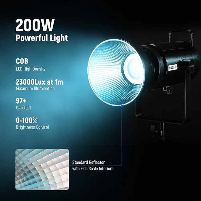 NEEWER 200W RGBWW COB LED Video Light with Diffuser, APP/2.4G 360° Color 2500K-7500K 23000lux/m Bowens Metal Shell Silent Continuous Output Lighting TLCI/CRI97+ for Photography Video Recording, CB200C