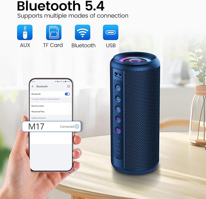 Portable Bluetooth Speaker, 2026 Bluetooth 5.4 Wireless Speaker with 20W HD Loud Stereo Sound, TWS Pairing, 20H playtime, RGB Lights, IP7, Built-in Mic, for Outdoor, Home, Beach, Party, Gift, Blue