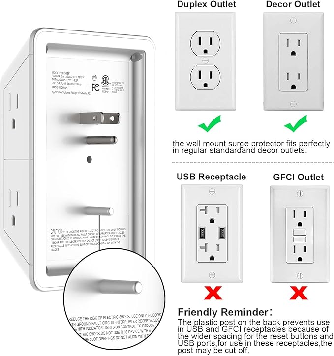 Outlet Extender, Surge Protector Outlet with 5-Multi Plug Outlet and 4 USB Ports(2 USB C), 3-Sided 1680J Power Strip Wall Charger, Multiple-Plug Outlet Splitter for Home Travel Office,ETL Listed,White