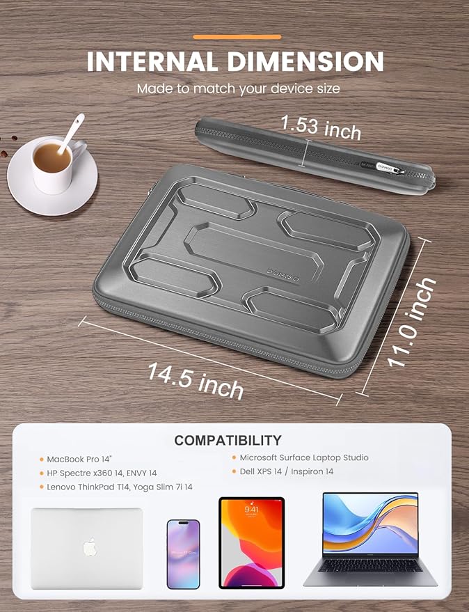 DOMISO 14 inch Laptop Sleeve with Handle Shockproof Computer Bag Waterproof EVA Protective Carrying Case for 14" ThinkPad E480/Yoga 920/13.5" Microsoft Surface Book/HP Pavilion 14 Stream 14, Silver