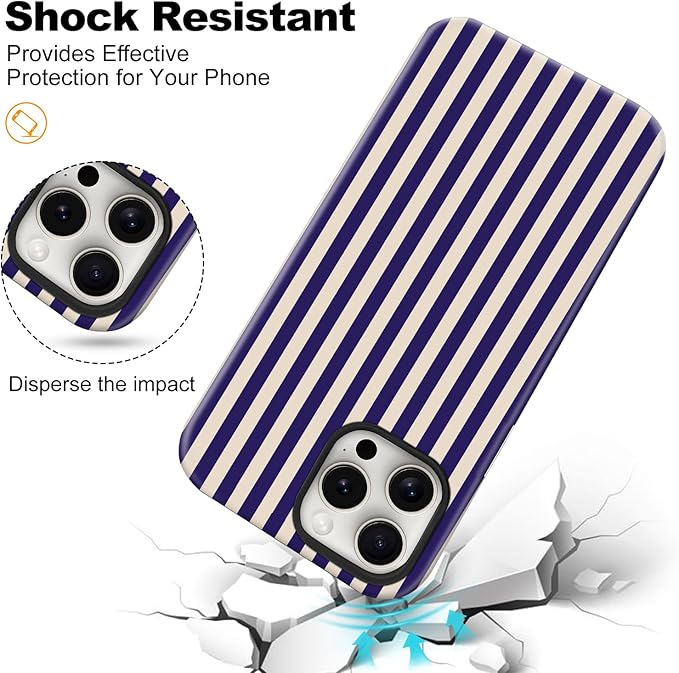 Magnetic for iPhone 15 Pro Case Cute Stripes Phone Case, Shockproof Slim TPU and Hard PC Protective Phone Cover Compatible with MagSafe Designed for Women Girls, Deep Purple