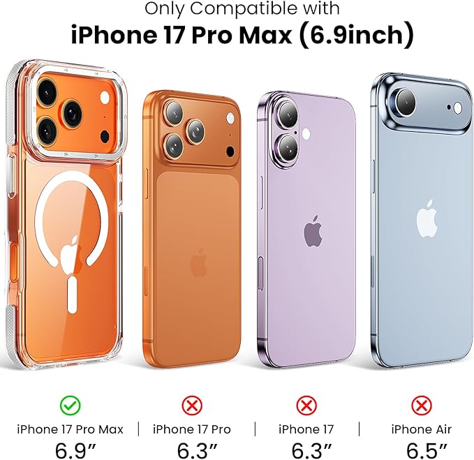 Anti-Yellowing for iPhone 17 Pro Max Case，1X Screen Protector +1X Camera Lens, [Compatible with MagSafe] [12FT Military Grade Drop] Slim Thin Phone Cover 6.9 Inch,Clear White
