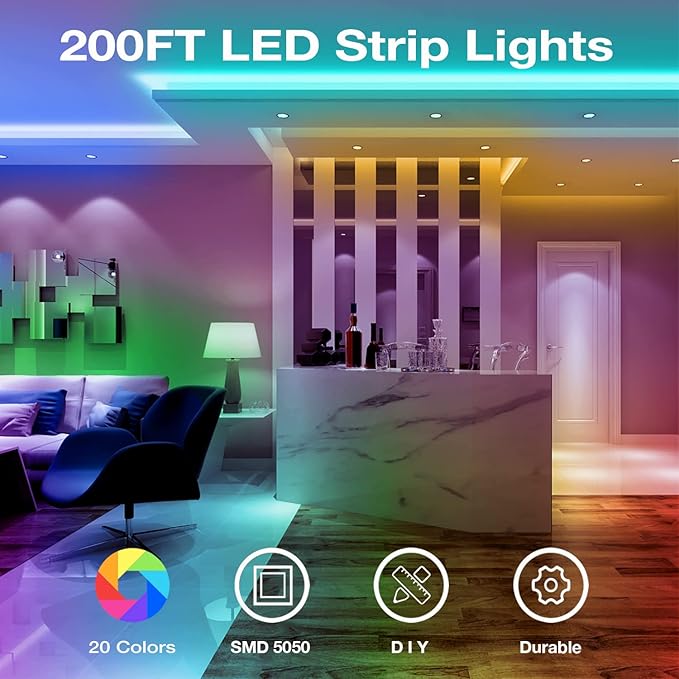 DAYBETTER Led Strip Lights 200ft, RGB Led Light Strip with 44 Keys Remote Controller, Color Changing Led Lights for Bedroom 100 ft of 2 Rolls