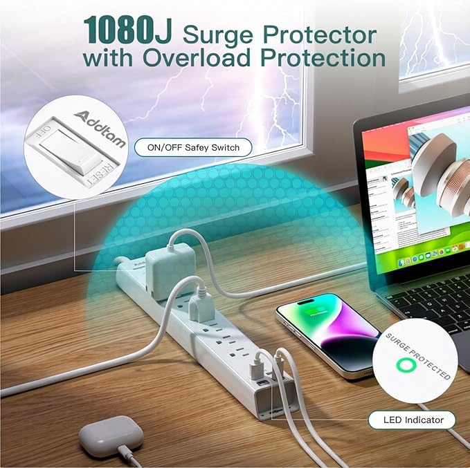 Addtam 15ft Power Strip Surge Protector, 6 Outlets and 4 USB Ports (2 USB C), 15 ft Long Extension Cord with Ultra Flat Plug, Wall Mount Desktop Charging Station for Home Office, Dorm Room
