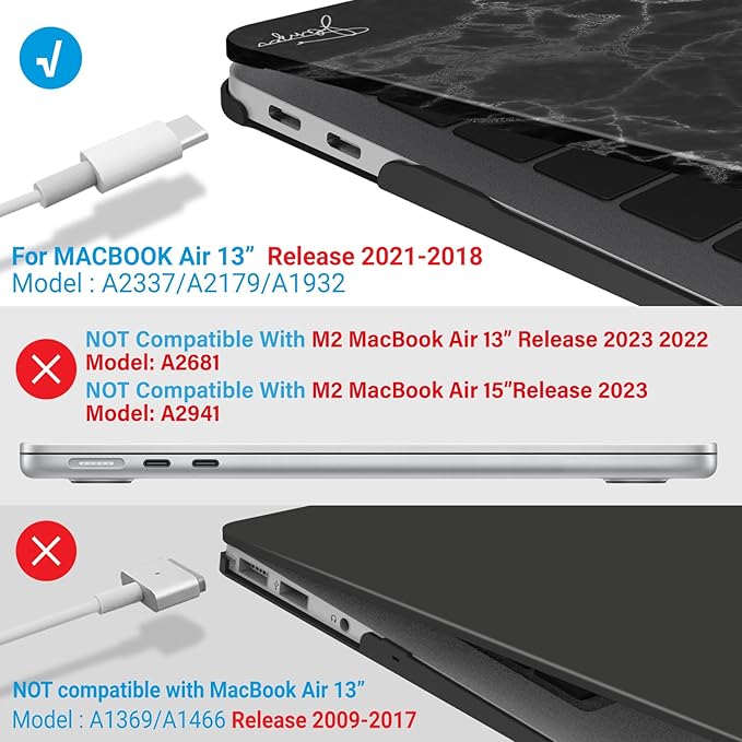 IBENZER Compatible with New MacBook Air 13 inch Case 2022 2021 2020 M1 A2337 A2179 A1932, Plastic Hard Shell Case with Keyboard Cover for Mac Retina Display with Touch ID, Black Marble, MAT13-BKMB+1