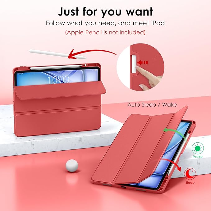 DTTO for iPad Air 13 Inch Case M4/M3/M2 2026/2025/2024, iPad Pro 12.9 Inch Case (6th/5th/4th/3rd Gen), Smart Slim Trifold Stand Soft Cover with Pencil Holder, Red