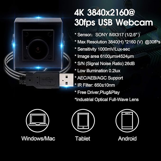 170 Degree Fisheye 4K Webcam 2160P USB Camera with Sony IMX317 Sensor PC Webcamera for Industrial, 30fps 2160P Webcam with Microphone Mini Camera Support Most OS Web Cams