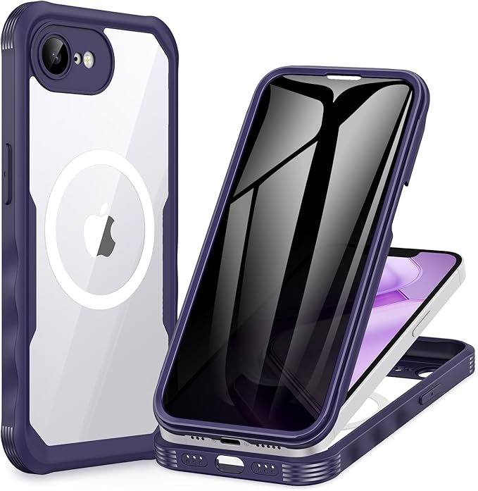 CENHUFO Magnetic Privacy Case for iPhone 16E / iPhone 17E [Compatible with Magsafe] Full Body Phone Case Built-in 9H Glass Privacy Screen Protector and Camera Protector, Shockproof Cover - Purple
