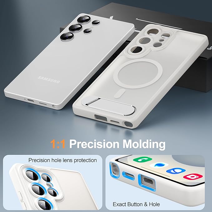 Magnetic for Samsung Galaxy S25 Ultra Case, [Compatible with MagSafe][Full Camera Protection][Built-in Invisible Kickstand] Translucent Matte Phone Case for S25 Ultra 6.9" - White