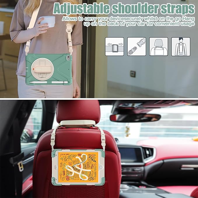 BRAECNstock for Apple iPad mini 5th/ 4th Generation Case 7.9" 2019/2015, Shockproof Protective with Pen Holder, Rotating Hand Strap & Stand, Shoulder Strap, Case for iPad mini 5/4, Emerald Green