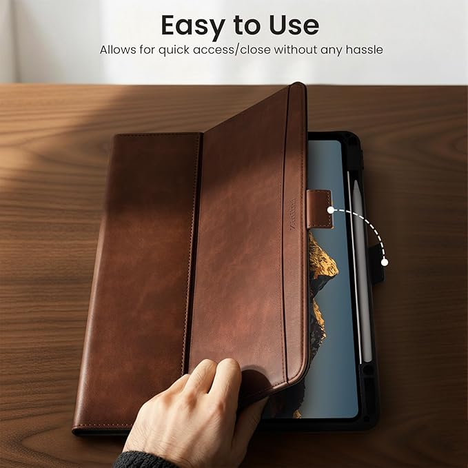 Handcrafted Case for iPad Air 13 Inch M4/M3/M2 (2026/2025/2024) with Pencil Holder & Hand Strap & Pocket,Magnetic Clasp,Multi Angles Stand,Protective Folio Cover,Auto Sleep/Wake,Dark Brown