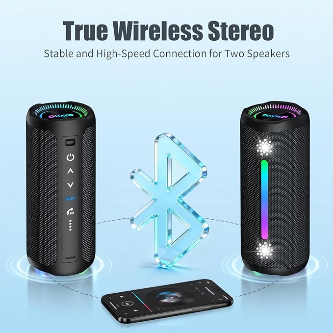 Bluetooth Speaker Wireless Loud Stereo Sound IPX7 Waterproof Outdoor Portable 25W Super Bass Speakers for Home Party Beach with 24H Playtime Colorful Lights BT 5.3 TWS Pairing Birthday Gift Black