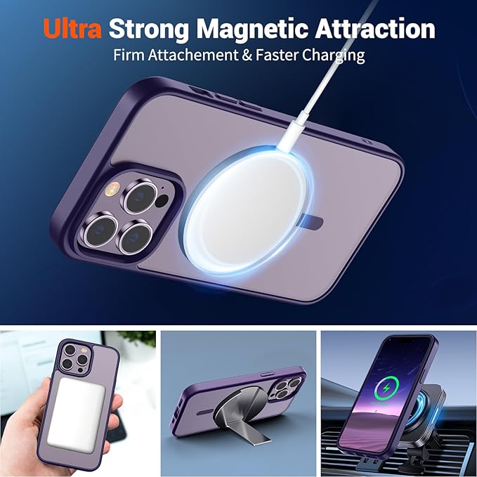 SUPFINE Magnetic for iPhone 14 Pro Case (Compatible with MagSafe) (Military Grade Drop Protection) Translucent Matte Shockproof Phone Case, Dark Purple