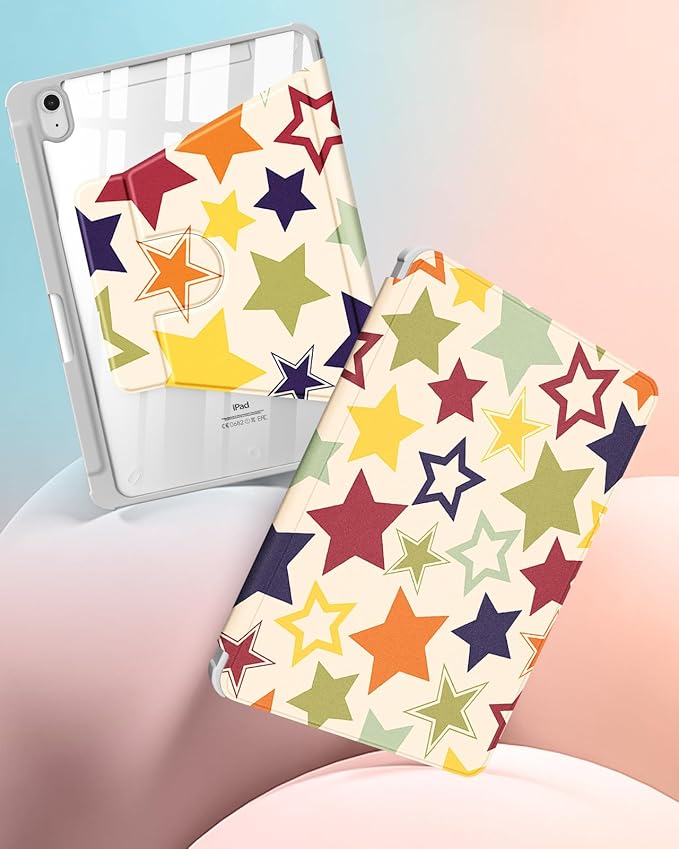 Uppuppy for iPad A16 Case for iPad 10th Generation Case 10.9 inch - 360 Degree Rotating Stand Folio Smart Cover with Pencil Holder for Women Girls, Colorful Stars for Apple Tablet 10th 2022/11th 2025