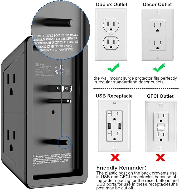 Surge Protector Outlet with 5-Multi Plug Outlet and 4 USB Ports (1 USB C), 3-Sided 1680J Power Strip Wall Charger for Home, Travel, Office - ETL Listed, Black