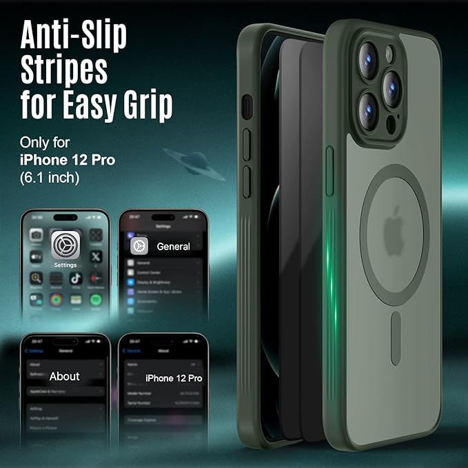 Symcele Designed for iPhone 12 Pro Case, Compatible with MagSafe, with Privacy Screen Protectors X2, [Camera Protection] [15FT Military Drop Protection] Shockproof Phone Case, 6.1", Alpine Green