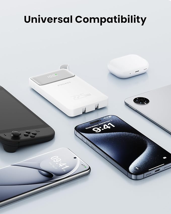 PISEN 3C Certified Power Bank - 10000mAh 22.5W CCC Power Bank with Built in Cable, Travel Battery Pack Portable 3C Charger with LED Display, Portable Charger with Built in Cable for iPhone, Samsung