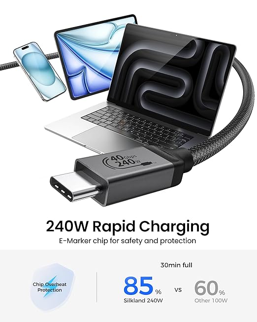 Silkland USB 4 for Thunderbolt 4 Cable [USB-IF Certified], 40Gbps Data Sync, 240W PD 3.1, 8K/5K@60Hz, USB C Thunderbolt Cable 4FT/1.2M, Compatible for MacBook, iPhone 17/16, SSD, Docking, eGPU,Monitor
