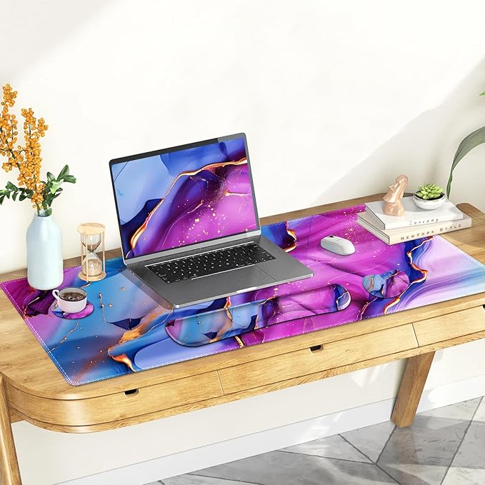 Large Gaming Mouse Pad Set, 4 in 1 Ergonomics Keyboard Desk Mat with Memory Foam Wrist Rest, Computer PC Extended Game Mousepad, Non-Slip Desk Pad Matt Easy Typing Pain Relief I Colorful Marble