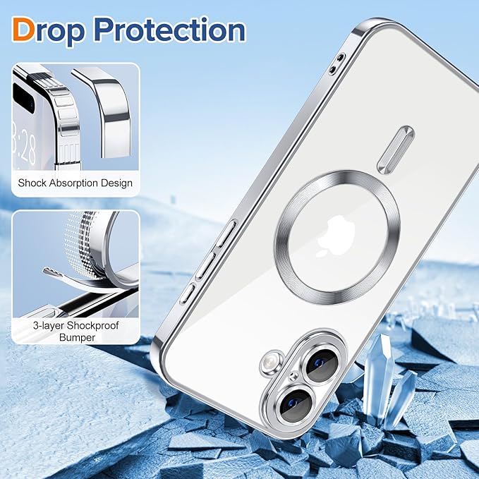 Hython Magnetic Clear for iPhone 17 Case with Camera Lens Protector [Compatible with MagSafe] Luxury Plating Edge Slim Soft TPU Cover Protective Phone Case for iPhone 17 6.3", Silver