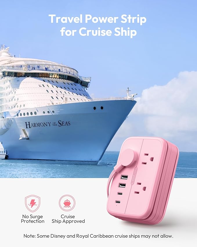 NTONPOWER Pink Extension Cord, Travel Power Strip, 6 Outlets 4 USB Ports(2 USB C), 4ft Extension Cord Wrapped Around Small Power Strip, Compact for Travel, Hotel, Cruise Approved, White