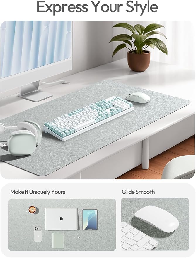 YSAGi Leather Desk Pad Protector, Office Desk Mat, Large Mouse Pad, Non-Slip PU Leather Desk Blotter, Laptop Desk Pad, Waterproof Desk Writing Pad for Office and Home (Silver, 23.6" x 13.8")